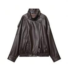 SHIBASHAN Women's Oversized Faux Leather Jacket, Y2K Motorcycle Pilot Coat For Autumn/Winter Brown Fall - Brown - View 9