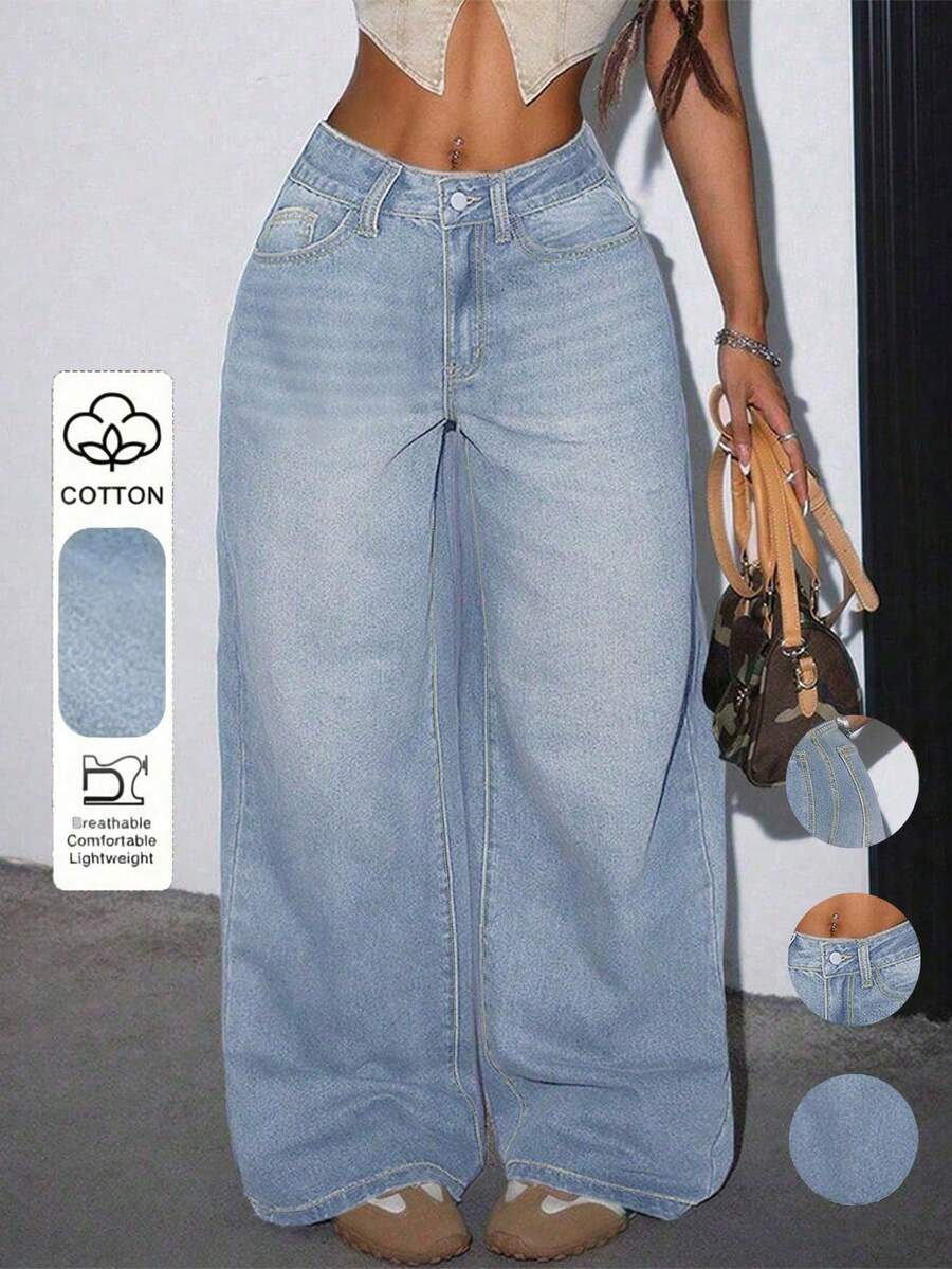 Women's Casual Loose Straight Leg Jeans With Pockets, Aesthetic Fall - Light Wash - View 1