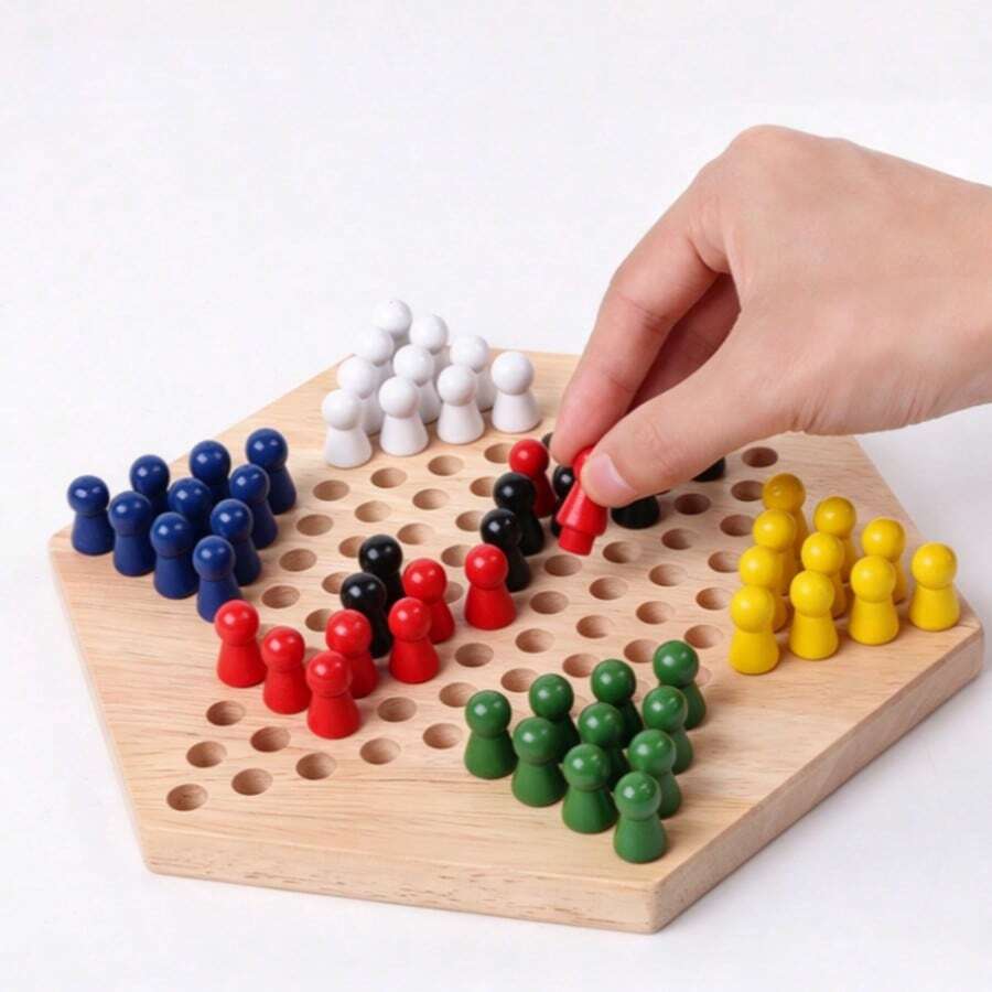 1件實木中國跳棋遊戲組,六角形棋盤配6色棋子,經典家庭策略桌遊 - 彩色 - 查看 1