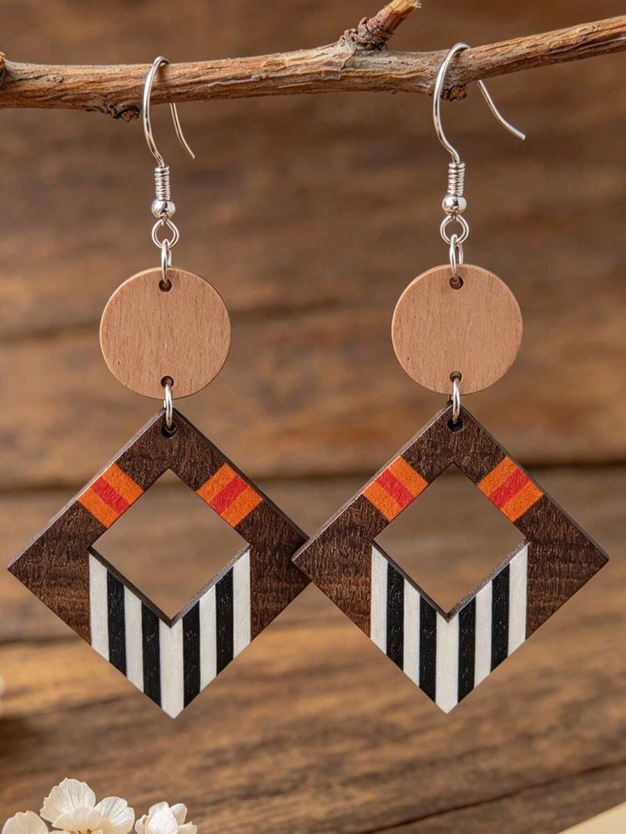 1 Pair Colorblock Striped Wooden Earrings For Women, Vintage Round Disc Patchwork Hollow Geometric Square Earrings - Multicolor - View 1