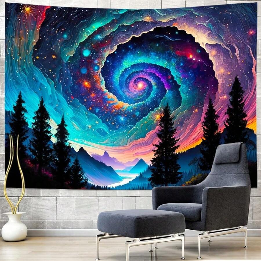 Spiral Galaxy Tapestry Nebula Starry Night Wall Hanging Colorful Space Mountain Forest Aesthetic Decor For Bedroom Dorm - Multicolor - View 1