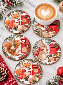 1/4/8pcs Christmas Wooden Coasters Set, Rustic Holiday Drink Coasters With Cute Fox Squirrel Rabbit Cardinal Christmas Mailbox Winter Snow Forest Design, Round Coffee Cup Mats For Home Kitchen Table Decor, Farmhouse Christmas Gift - Multicolor - View 10