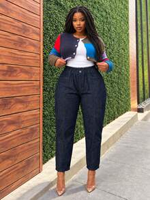 Women's Plus Size Denim Cropped Pants, Tapered Carrot Leg Style, With Zipper Detail, Non-Stretch Fabric, Suitable For Home And Casual Wear - Blue - View 4