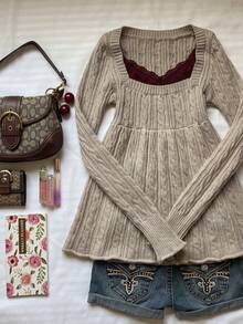 90s Fashion Women's Pullover Doll Square Neck Sweater, Featuring Cable Knit Details, Long Sleeves And Square Neck Design, Medium Stretch Fabric, Autumn Outfit Essential - Khaki - View 9