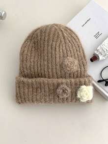 Handmade Crochet Beanie With 3D Flower, Floral Knit Winter Hat For Women, Warm Ear-Covering Hat, Face-Slimming Design, Atmosphere Style - Multicolor - View 13