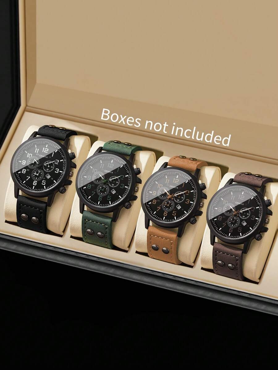 Men's Gift Watch PU Strap Classic Three-Eye Digital Calendar Dial Sports Outdoor Casual Quartz Wristwatch, Boyfriend Gift (4pcs/Set) Watch Box Not Included - Multicolor - View 1