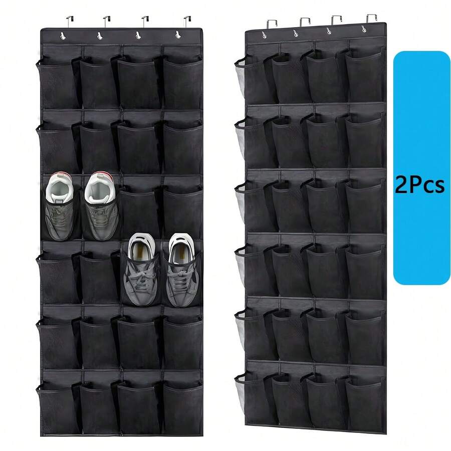 2pcs Multi-Pocket 24-Slot Oxford Cloth Mesh Over-The-Door Shoe Organizer, Sturdy Hanging Closet Storage Rack, Space-Saving Shoe Rack Organizer For Apartment Dorm Room Organization, Holiday Season Gift, Black