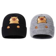 1pc Cute Capybara Knitted Beanie Hat, Autumn/Winter Unisex Outdoor Skiing Embroidered Fashion Hip-Hop Pom Pom Hat - Multicolor - View 8