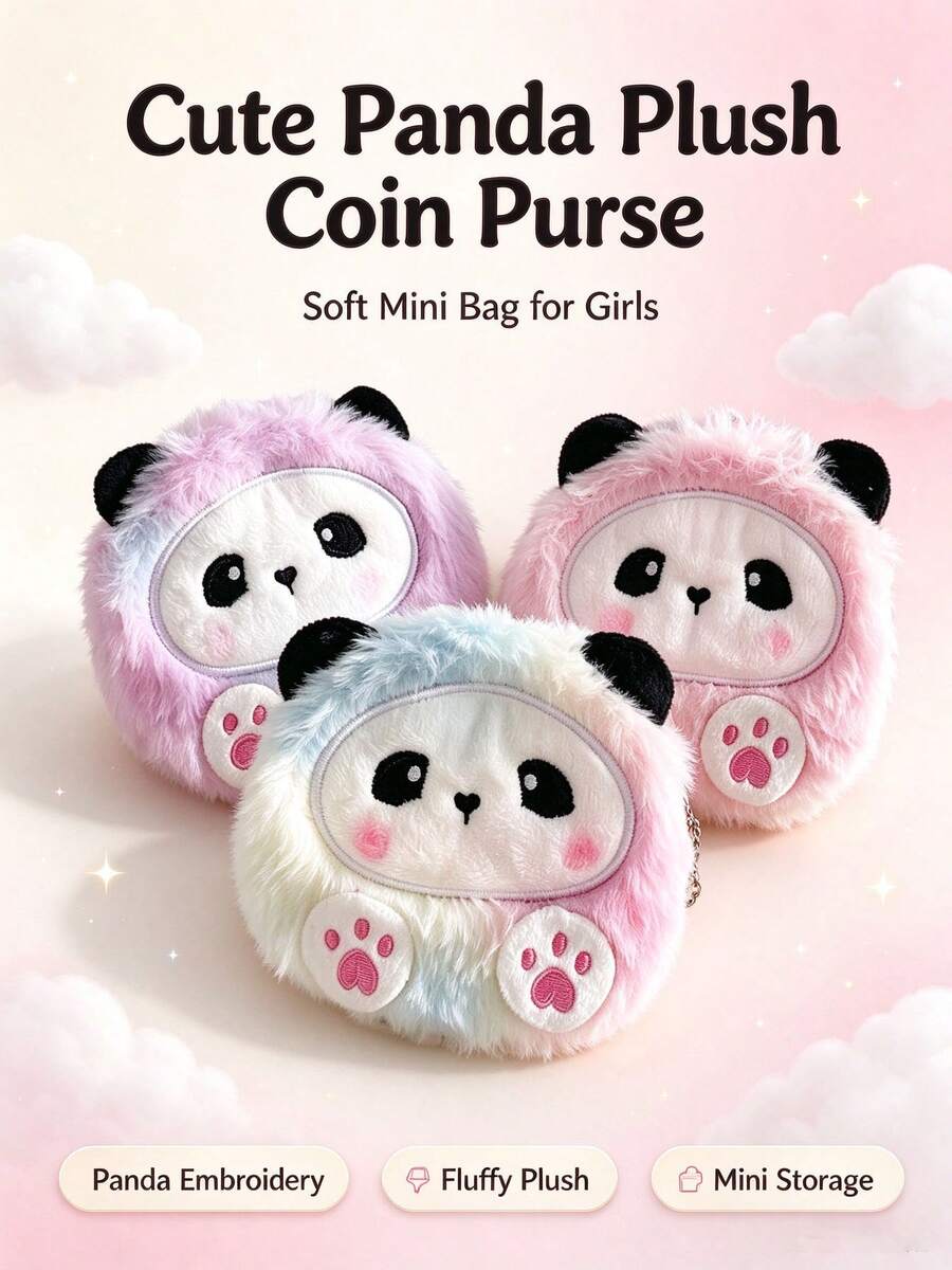 1pc Children's Cute Cartoon Panda Paw Embroidery Tie-Dye Plush Large Capacity Zipper Coin Purse Keychain, Suitable For Daily, Party, Holiday