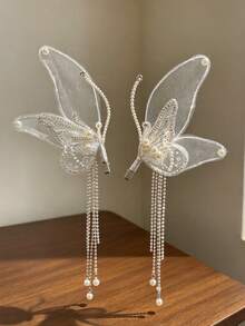 2pcs/Set Rhinestone Pearl Chain Butterfly Hair Clips, Double Layer Mesh Wings Tassel Edge Hair Accessories For Wedding Party Styling - Multicolor - View 2