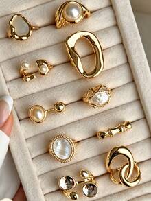 10pcs Simple Fashion Elegant Vintage Faux Pearl Rhinestone Metal Geometric Ring Set For Women, Holiday Date Gift, Daily Casual Party Wedding Matching - Yellow Gold - View 1