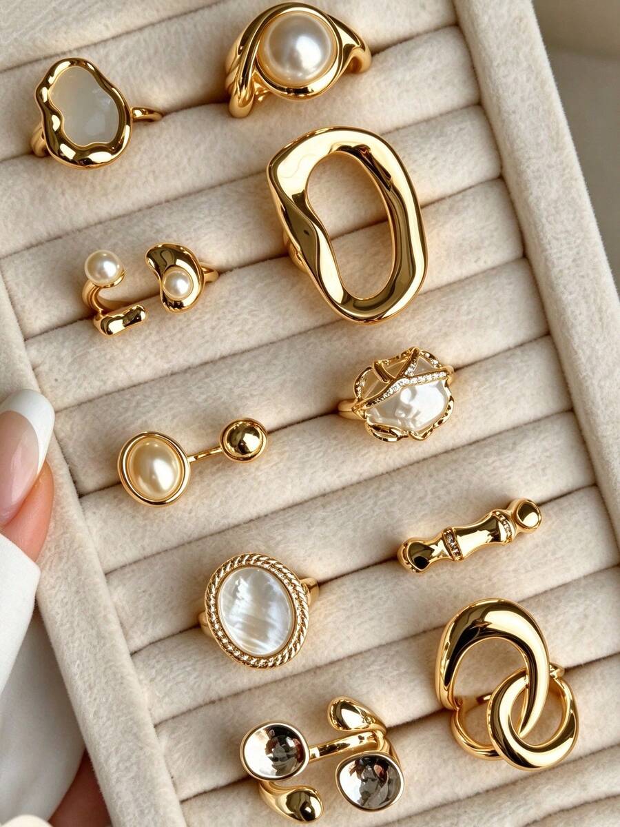 10pcs Simple Fashion Elegant Vintage Faux Pearl Rhinestone Metal Geometric Ring Set For Women, Holiday Date Gift, Daily Casual Party Wedding Matching - Yellow Gold - View 1
