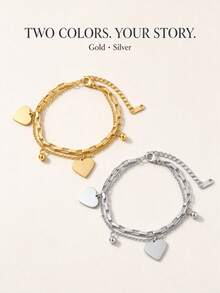 1pc Customized Double Layer Heart Bracelet, Engravable Photo & Text, Personalized Name & Image, Titanium Steel Non-Fading Gold Layered Chain With Small Gold Bead Pendant Design, DIY Engraved Heart Pendant, Can Engrave Portrait & Name, Versatile Accessory For Daily Commute & Dating, Gift For Girlfriend, Best Friend, Anniversary, Birthday, Niche Luxury Jewelry - Multicolor - View 5