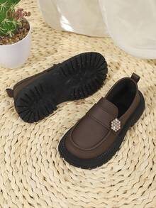 1 Pair Black Girls' Rhinestone Floral Decor PU Material Round Toe Low-Top Slip-On Thick Sole Retro Loafers, Suitable For School, Birthday Party Outfits, 2026 New Style - Brown - View 6