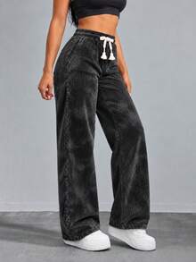 Women Black Wide Leg Sweatpants High Waist Elastic Drawstring Loose Casual Straight Leg Trousers - Black - View 10