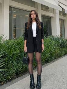 女款秋季時尚優雅休閒黑色西裝外套與迷你裙兩件套，適合辦公室工作、外出與度假 - 黑色 - 查看 1