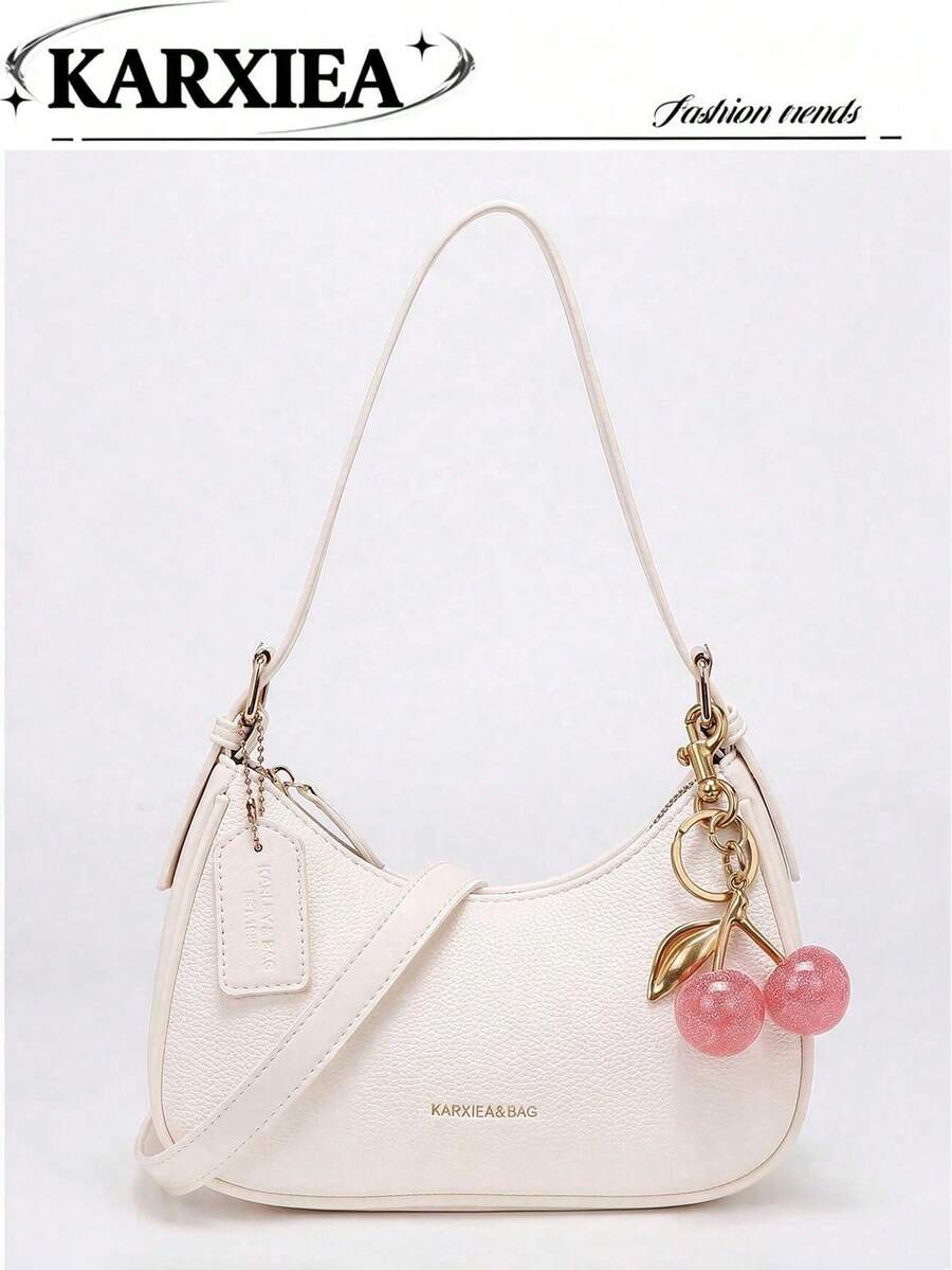 Pink Crossbody Bag, Minimalist & Versatile, Decorated With Delicate Cherry Pendant, Fashion Travel Essential. Crescent Moon Bag, Y2K Underarm Shoulder Bag - White - View 1
