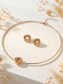 2 Sets Metal Buckle Strap Asymmetrical Necklace & Earrings, Minimalist Modern Style With Smooth Metal And 3D Rope Knot Design, Suitable For Business, Commute Or Date Wear For Elegant Women - Yellow Gold - View 4