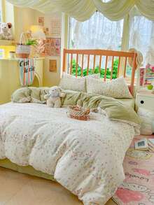 Fresh Floral Down Comforter Cover 4-Piece Set, Pastoral Aesthetic Colorful Small Flower Bedding, Includes 1*Duvet Cover+1*Bed Sheet+2*Pillowcases, With Zipper Design, Soft Botanical Room Decor, Solid Color Bed Sheet, Versatile For Daily Use, No Filling Included - Pastel Green - View 5