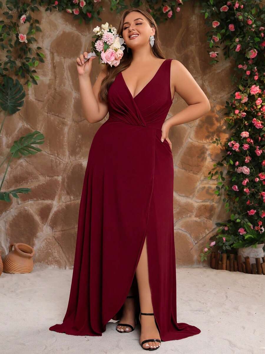 Plus Plunge Neck Wrap Hem Bridesmaid Dress - Burgundy - View 1