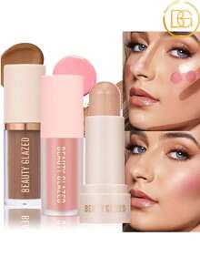 beauty glazed 3-Piece Makeup Set: 1 Blush + 1 Contour + 1 Highlighter Stick, Soft Liquid Blush, Multi-Use 3D Sculpting Liquid Contour And Illuminating Highlighter Stick, Waterproof, Long-Lasting, Smudge-Proof, Premium Makeup Set For Creating Natural And Exquisite Looks - B227#102+B208#101+B8891#101 - View 3