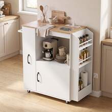 HOMCOM Carrito de Cocina con Ruedas y Estación de Carga, Carro de Cocina Rodante con Armario, Organizador Extraíble, Especiero y Barra de Toallas para Comedor o Salón, 80x40x88 cm, Blanco - Blanco - Ver 1