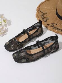 Square Toe Shallow Cut Ballet Flats, Hollow Mesh Embroidery Flat Shoes, Breathable & Lightweight, Elegant & Comfortable, Suitable For Daily Commute - Black - View 1