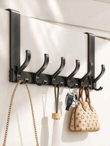 1pc Multi-Function Over-The-Door Hook, Strong No-Drill Towel & Clothing Rack, Space Saving Heavy Duty Storage Organizer For Bathroom, Wardrobe, Entryway Door, Suitable For Bedroom Closet, Holiday Home Decor Accessory, Wall Mounted Hanger - Black - View 8