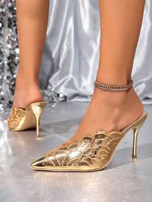 Women's Gold Rhinestone Pointed Toe Mule High Heel Slippers, Stiletto Heel Slip-On Half-Back, Suitable For Glamorous Evening Party Dress Shoes - Gold - View 5