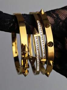 1/3pcs Set 18K Gold Plated Punk Rivet Pointed Arrow Zirconia Inlaid Bracelet Set, Stainless Steel Material - Suitable For Women Girls Daily Wear, Party Date, Office Gift Date, Office Gift - Gold - View 9