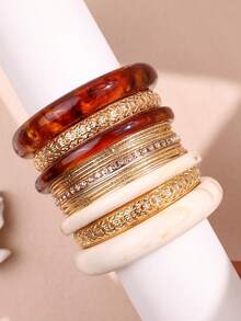 15pcs/Set Fashionable Luxurious High-End Personalized Shiny Light Luxury Vintage Resin Amber Ivory Metal Rhinestone Bracelet Set For Women Daily Wear Holiday Party - Multicolor - View 5