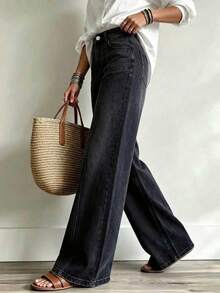 New Fashion Women Loose Fit Elastic Waist Wide Leg Jeans, High Quality Casual Clothing Spring Black Fall - Black - View 6