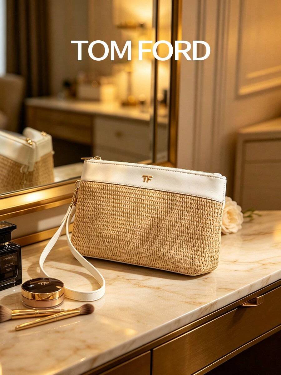 TOM FORD White Straw Clutch, Women's Luxury Evening And Vacation Handbag - Blue and White - View 1