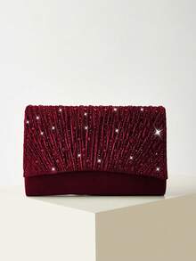 REMANLAND Elegant And Fashionable Rhinestone Decorated Chain Bag With Magnetic Closure, Glamorous Evening Clutch For Women's Birthday Party And Charming Evening Events, Shoulder Bag - Burgundy - View 8
