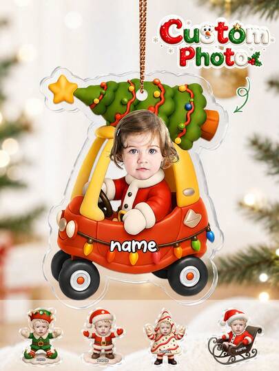 Personalized Christmas Car Photo & Name Ornament, Customizable With Your Own Photo And Name Text, Fun Christmas Car Design, Express Holiday Joy, Warmth, Companionship, Share Blessings And Cherish Happy Christmas Memories, Suitable For Christmas Tree, Fireplace Mantel, Living Room, Entryway, Family Gathering And Gift Exchange