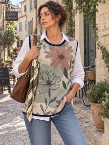 New Women's Vacation Outfit Fashionable Trimmed Pullover Vest, Unique Floral Print Pattern, Autumn And Winter Style, Daily Outing Outfit - Green - View 4