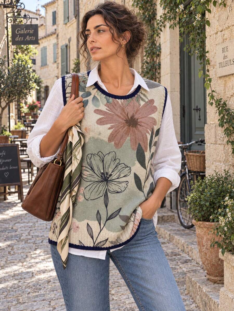 New Women's Vacation Outfit Fashionable Trimmed Pullover Vest, Unique Floral Print Pattern, Autumn And Winter Style, Daily Outing Outfit - Green - View 1