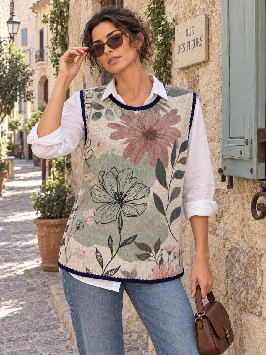 New Women's Vacation Outfit Fashionable Trimmed Pullover Vest, Unique Floral Print Pattern, Autumn And Winter Style, Daily Outing Outfit - Green - View 1
