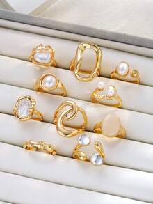 10pcs Simple Fashion Elegant Vintage Faux Pearl Rhinestone Metal Geometric Ring Set For Women, Holiday Date Gift, Daily Casual Party Wedding Matching - Yellow Gold - View 2