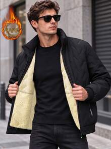 Men's Stand Collar Thermal Lined Thick Padded Coat, Solid Color Versatile Outerwear For Autumn/Winter - Black - View 4