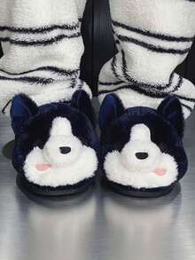 Women's Cute Husky Design Winter Indoor Slippers, Flat Sole, Non-Slip, Warm, Soft Bottom, Comfortable And Lightweight, Suitable For Girls And Students - Royal Blue - View 3