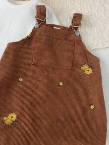 2pcs Girls Toddler Pastoral Mori Style Solid Color Round Neck Versatile Long Sleeve Top With Floral Embroidered Corduroy Adjustable Overall Dress Set, Spring/Autumn - Brown - View 5