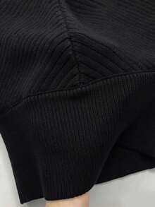Women's Black Ribbed Knit Open Shoulder Sweater, Lace Trim V-Neck, Long Sleeve Pullover, Suitable For Autumn/Winter - Black - View 12