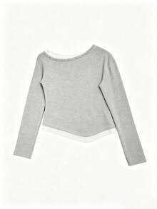Design Contrast Color 2 In 1 Asymmetric Shoulder Long Sleeve T-Shirt, Sweet Cool Hot Girl Style Versatile Slim Fit Top - Light Grey - View 10