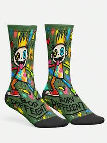 Cool 360° Printed Men's Socks - Streetwear Socks,Rainbow Striped Cartoon,Colorful,Funny, Fit Daily, Holiday & Party Occasions,Graffiti Street Style - Olive Green - View 2