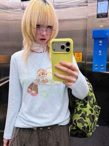 Autumn/Winter New Women's Round Neck All-Over Star Cartoon Angel Print Casual Versatile Cute Loose Long Sleeve T-Shirt Top - Light Blue - View 2