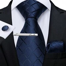 4Pcs Men Formal Suit Accessory Kit, Royal Blue Plaid Tie, Pocket Square, Cufflinks & Tie Clip, Random Cufflink Design - Royal Blue - View 2