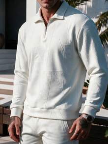 Men's Geometric Textured Jacquard Half-Zip Polo Collar Sweatshirt, Comfortable Casual Autumn/Winter Commuter Style - Multicolor - View 3