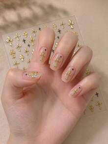 1 Sheet Retro Gothic Cross Nail Stickers, 5D Gold Embossed Holographic Iridescent Self-Adhesive Nail Art Decals, Autumn Winter Nail Decorations - Multicolor - View 3
