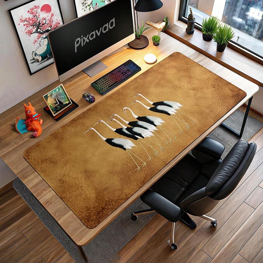 وسادة ماوس ممتدة أنيقة بتصميم سرب طيور الكركي، رسم توضيحي لطائر مستوحى من اليابان القديمة على خلفية بلون السيبيا، حصيرة مكتب كبيرة، قماش ناعم مضاد للانزلاق & مطاط طبيعي للمكتب والألعاب والمنزل والدراسة ومساحة العمل، متوفرة ب- 3 أحجام - مشاهدة 1